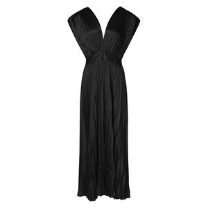 Pleated Dress Cocktail Black Plunging V Cap Sleeve Flowy Low Back Large